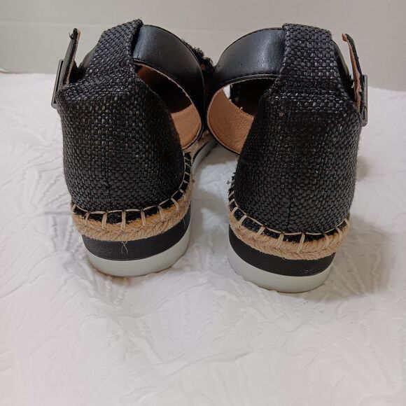 Crown Vintage Bonire 2 Women’s Sz 8.5 Black/Tan Sandal Ankle Strap Fringe Burlap - Picture 5 of 9